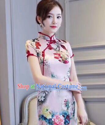 Chinese Traditional Short Qipao Dress Printing Pink Cheongsam National Costume for Women