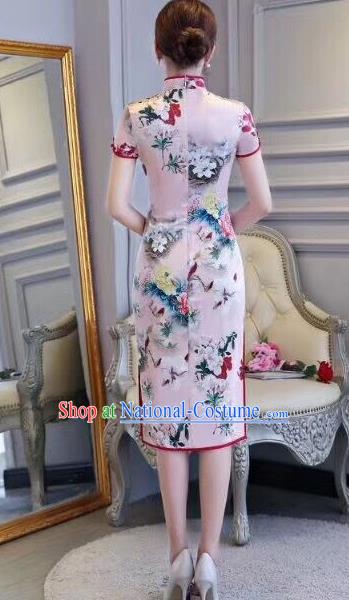 Chinese Traditional Short Qipao Dress Printing Pink Cheongsam National Costume for Women