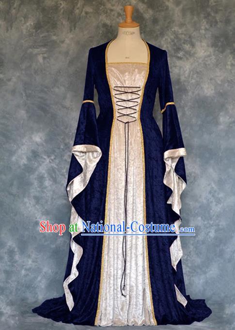 Traditional Europe Renaissance Court Deep Blue Velvet Dress European Drama Stage Performance Halloween Cosplay Costume for Women