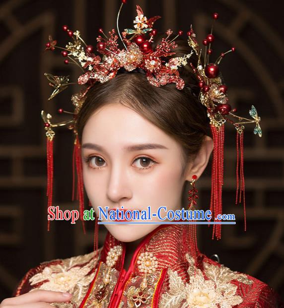 Chinese Traditional Red Butterfly Tassel Hair Clasp Bride Handmade Hairpins Wedding Hair Accessories Complete Set for Women