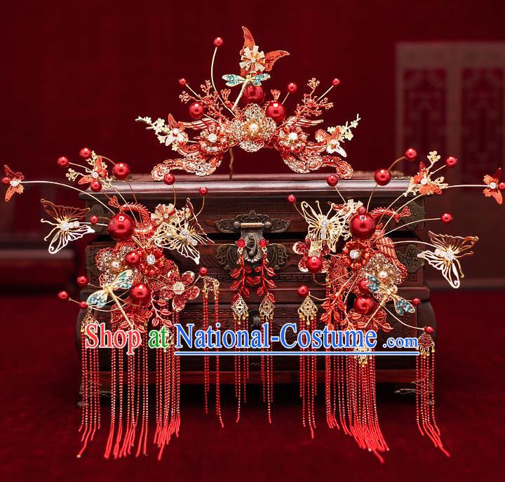 Chinese Traditional Red Butterfly Tassel Hair Clasp Bride Handmade Hairpins Wedding Hair Accessories Complete Set for Women