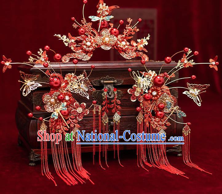 Chinese Traditional Red Butterfly Tassel Hair Clasp Bride Handmade Hairpins Wedding Hair Accessories Complete Set for Women