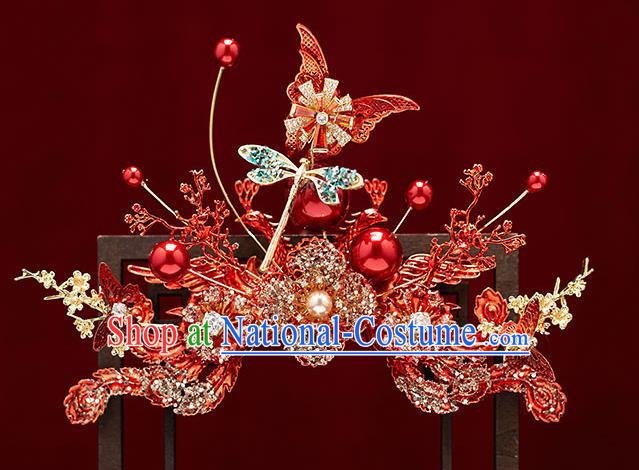 Chinese Traditional Red Butterfly Tassel Hair Clasp Bride Handmade Hairpins Wedding Hair Accessories Complete Set for Women