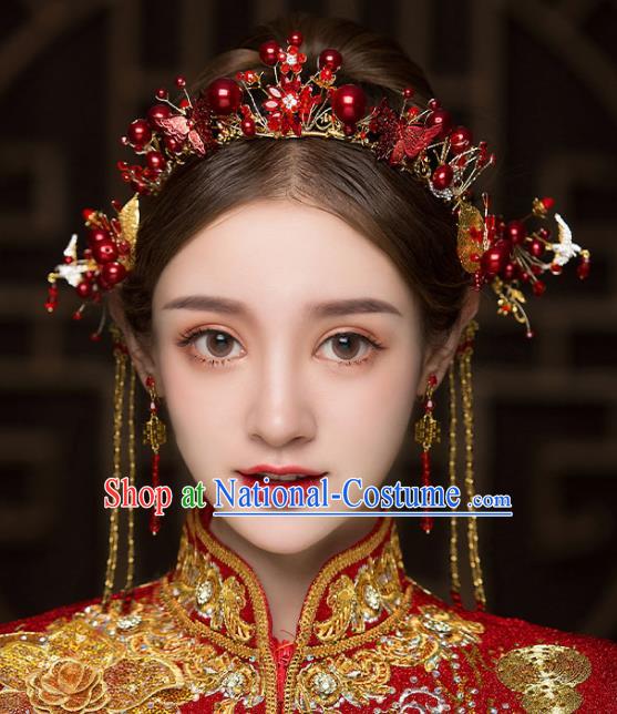 Chinese Traditional Red Flower Hair Clasp Bride Handmade Hairpins Wedding Hair Accessories Complete Set for Women