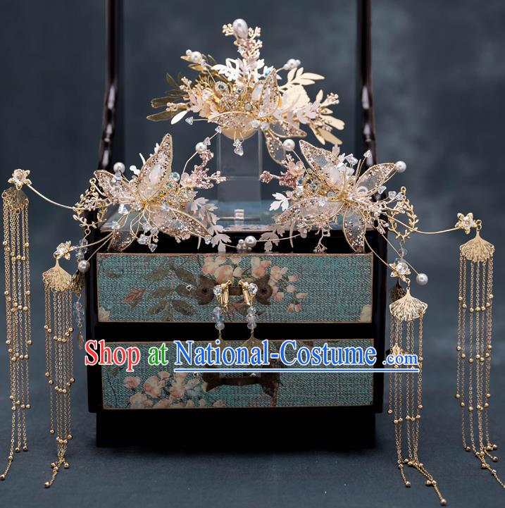 Chinese Traditional Butterfly Hair Comb Bride Handmade Tassel Hairpins Wedding Hair Accessories Complete Set for Women