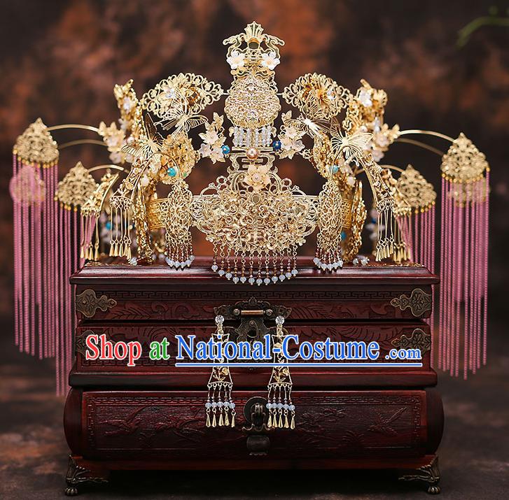 Chinese Traditional Phoenix Coronet Bride Handmade Tassel Hairpins Wedding Hair Accessories Complete Set for Women