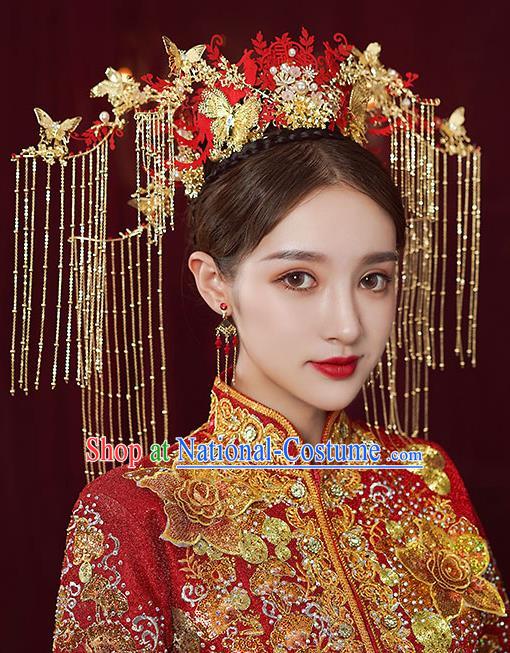 Chinese Traditional Tassel Phoenix Coronet Bride Handmade Hairpins Wedding Hair Accessories Complete Set for Women