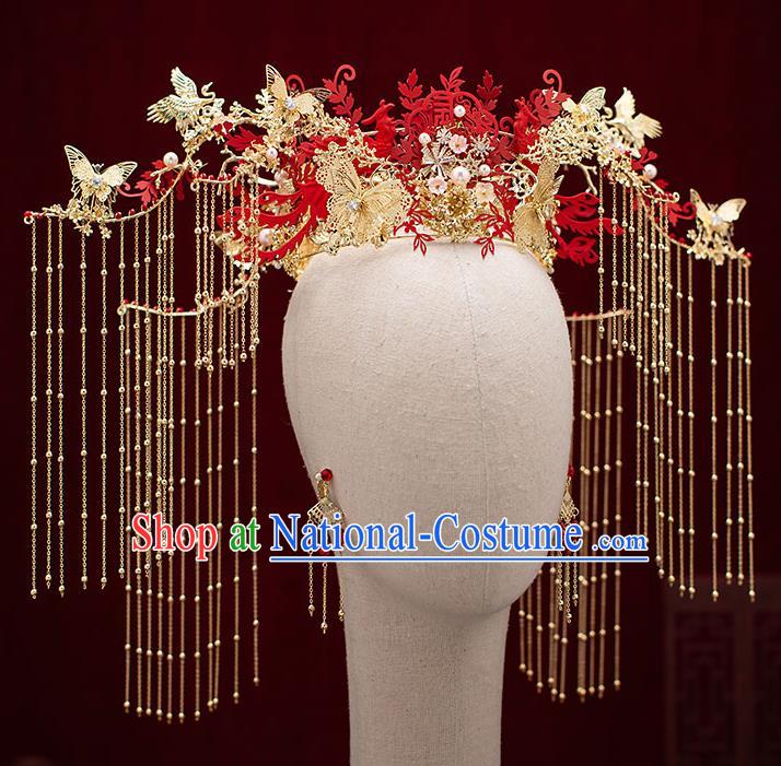 Chinese Traditional Tassel Phoenix Coronet Bride Handmade Hairpins Wedding Hair Accessories Complete Set for Women