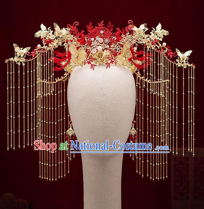 Chinese Traditional Tassel Phoenix Coronet Bride Handmade Hairpins Wedding Hair Accessories Complete Set for Women