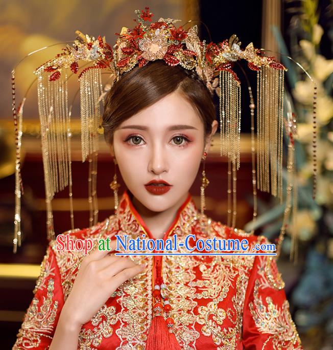 Chinese Traditional Wedding Luxury Phoenix Coronet Bride Handmade Tassel Hairpins Hair Accessories Complete Set for Women