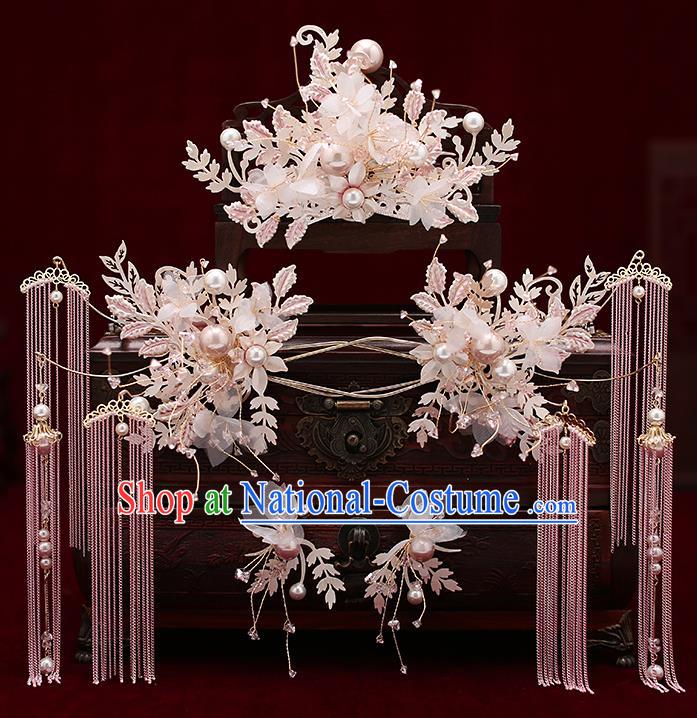 Chinese Traditional Wedding Silk Flowers Hair Comb Bride Handmade Tassel Hairpins Hair Accessories Complete Set for Women