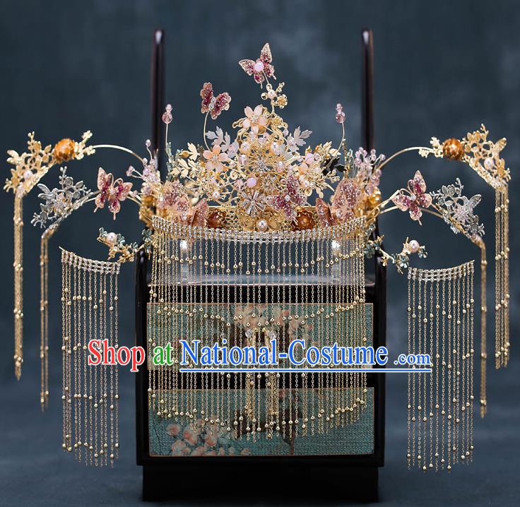 Chinese Traditional Wedding Purple Butterfly Hair Crown Bride Handmade Tassel Hairpins Hair Accessories Complete Set for Women