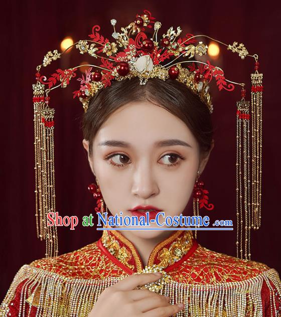 Chinese Traditional Wedding Red Phoenix Coronet Bride Handmade Tassel Hairpins Hair Accessories Complete Set for Women