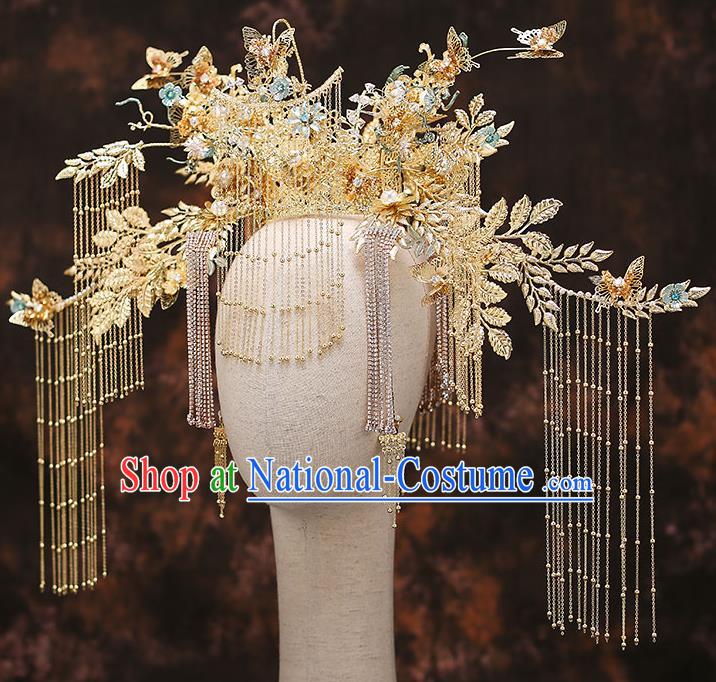 Chinese Traditional Wedding Golden Leaf Phoenix Coronet Bride Handmade Tassel Hairpins Hair Accessories Complete Set for Women