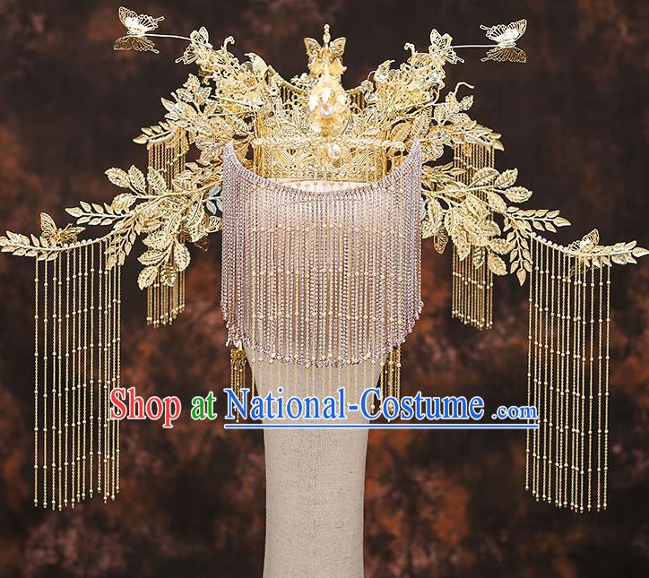 Chinese Traditional Wedding Golden Leaf Phoenix Coronet Bride Handmade Tassel Hairpins Hair Accessories Complete Set for Women