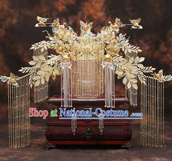 Chinese Traditional Wedding Golden Leaf Phoenix Coronet Bride Handmade Tassel Hairpins Hair Accessories Complete Set for Women