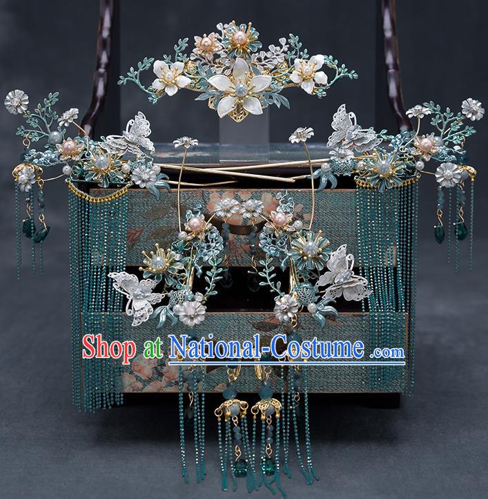 Top Chinese Traditional Wedding Blue Flower Hair Comb Bride Handmade Tassel Hairpins Hair Accessories Complete Set