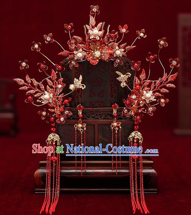 Top Chinese Traditional Wedding Red Flowers Hair Comb Bride Handmade Tassel Hairpins Hair Accessories Complete Set