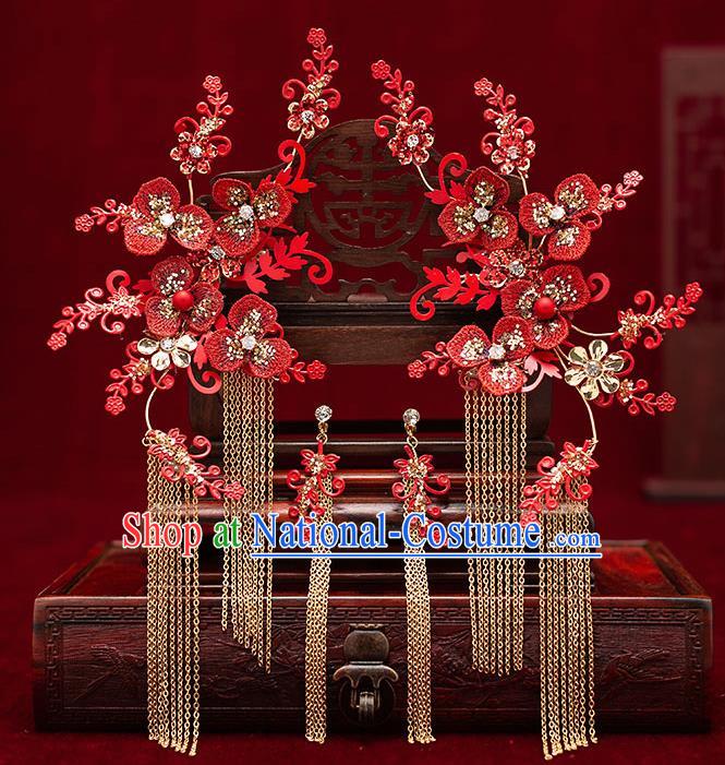 Top Chinese Traditional Wedding Red Flowers Hair Claws Bride Handmade Tassel Hairpins Hair Accessories Complete Set