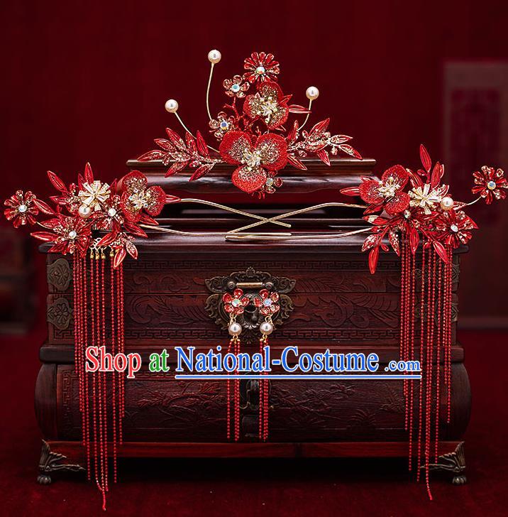 Top Chinese Traditional Wedding Red Flower Hair Comb Bride Handmade Tassel Hairpins Hair Accessories Complete Set