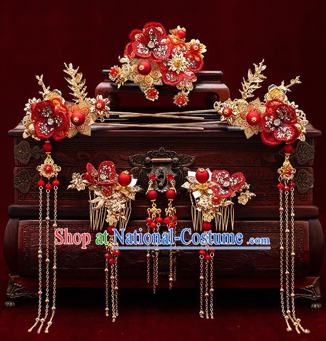 Top Chinese Traditional Wedding Red Flower Hair Combs Bride Handmade Hairpins Hair Accessories Complete Set