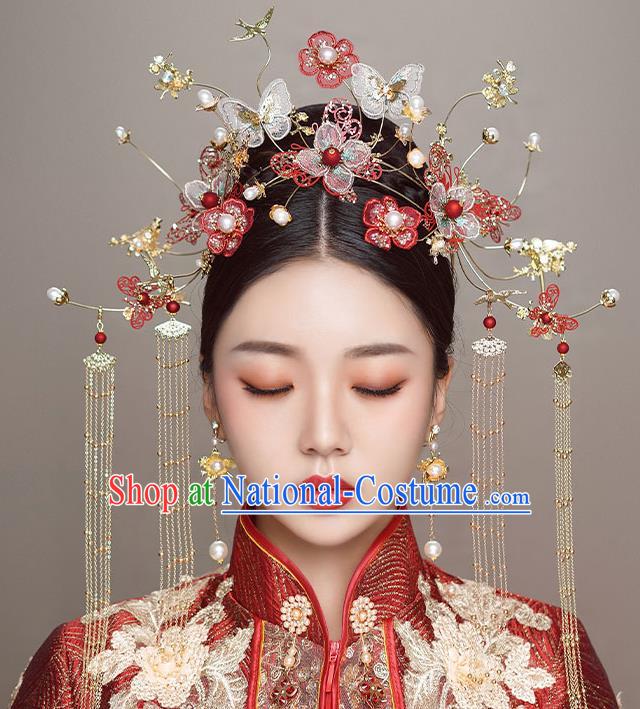 Top Chinese Traditional Wedding Butterfly Red Flowers Hair Clasp Bride Handmade Hairpins Hair Accessories Complete Set