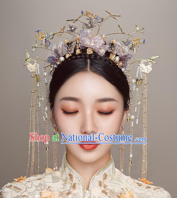 Top Chinese Traditional Wedding Lilac Flowers Hair Crown Bride Handmade Hairpins Hair Accessories Complete Set