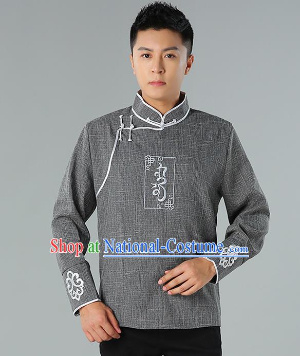 Chinese Mongolian Nationality Deep Grey Linen Upper Outer Garment Traditional Mongol Ethnic Minority Shirt Costume for Men