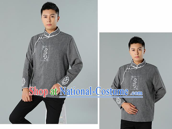 Chinese Mongolian Nationality Deep Grey Linen Upper Outer Garment Traditional Mongol Ethnic Minority Shirt Costume for Men