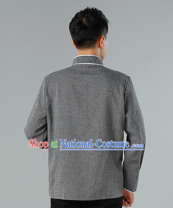 Chinese Mongolian Nationality Deep Grey Linen Upper Outer Garment Traditional Mongol Ethnic Minority Shirt Costume for Men