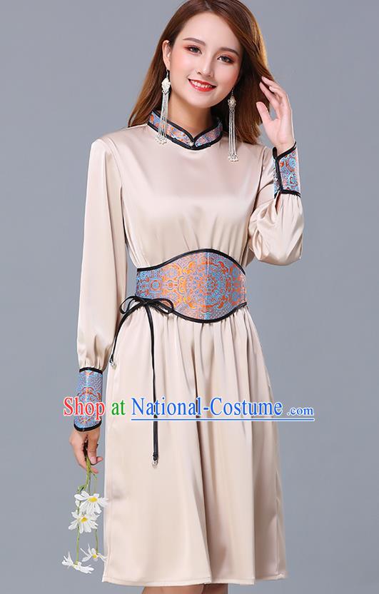 Chinese Traditional Mongolian Embroidered Champagne Short Dress Minority Garment Mongol Ethnic Nationality Stand Collar Costume for Women