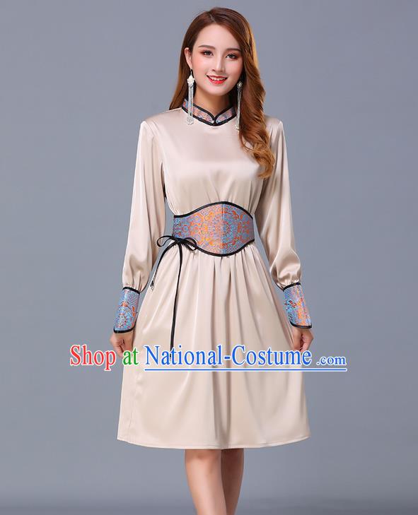 Chinese Traditional Mongolian Embroidered Champagne Short Dress Minority Garment Mongol Ethnic Nationality Stand Collar Costume for Women