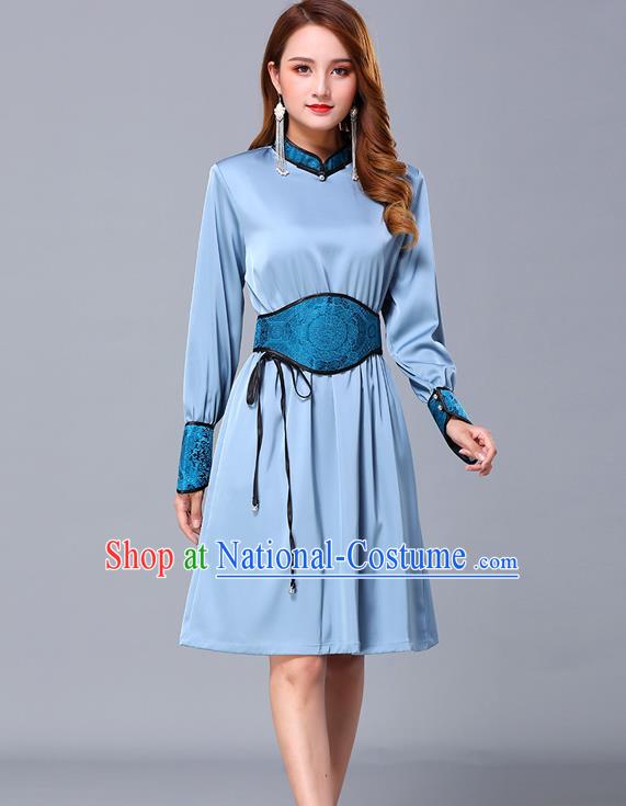 Chinese Traditional Mongolian Embroidered Blue Short Dress Minority Garment Mongol Ethnic Nationality Stand Collar Costume for Women