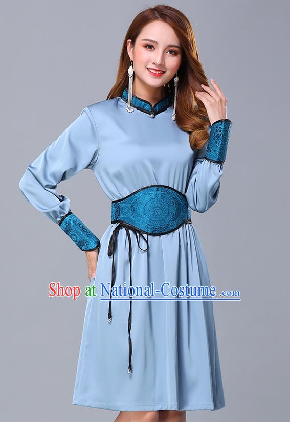 Chinese Traditional Mongolian Embroidered Blue Short Dress Minority Garment Mongol Ethnic Nationality Stand Collar Costume for Women