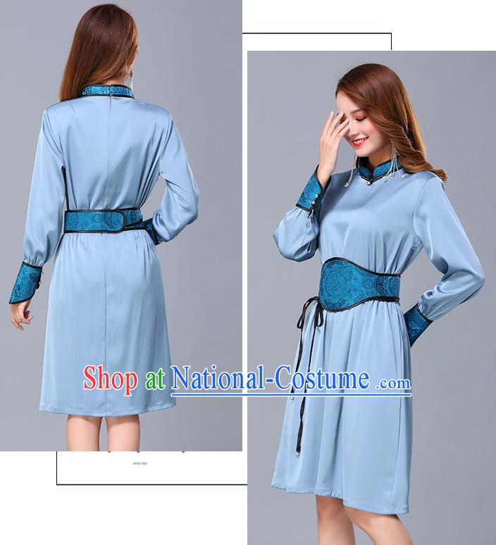 Chinese Traditional Mongolian Embroidered Blue Short Dress Minority Garment Mongol Ethnic Nationality Stand Collar Costume for Women