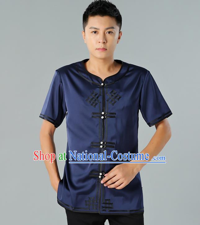 Chinese Mongol Nationality Navy Silk Short Sleeve Shirt Traditional Ethnic Minority Costume Upper Outer Garment for Men