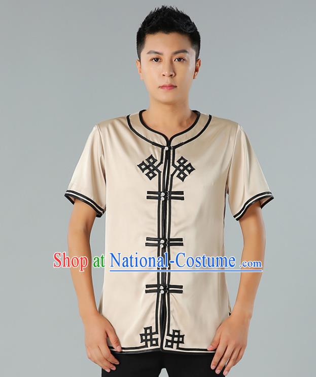 Chinese Mongol Nationality Beige Silk Short Sleeve Shirt Traditional Ethnic Minority Costume Upper Outer Garment for Men