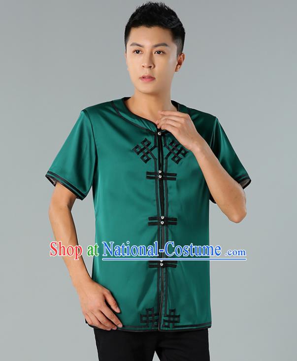 Chinese Mongol Nationality Green Silk Short Sleeve Shirt Traditional Ethnic Minority Costume Upper Outer Garment for Men