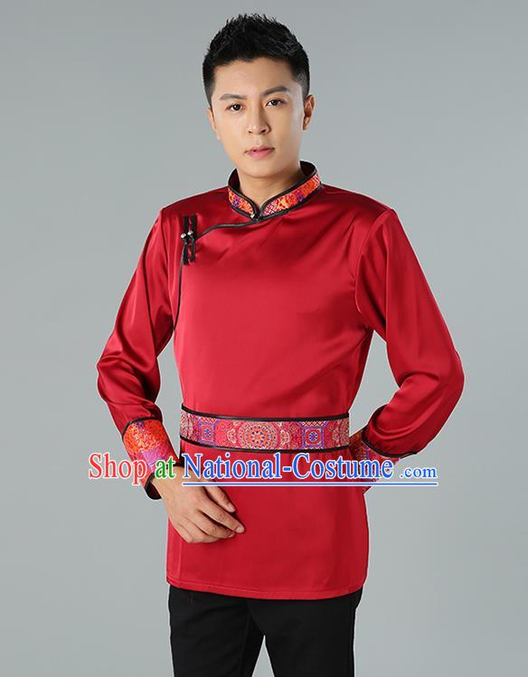 Chinese National Wine Red Shirt Traditional Ethnic Upper Outer Garment Mongol Minority Informal Costume for Men