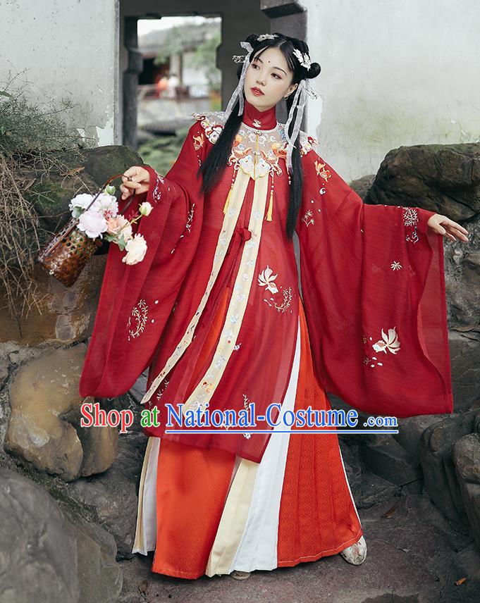 Chinese Traditional Hanfu Garment Ancient Ming Dynasty Palace Princess Costumes Red Blouse Shoulder Collar and Skirt Full Set