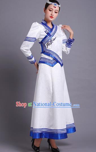 Traditional Chinese Mongol Minority Ethnic Costume Garment Mongolian Nationality Women Folk Dance Apparels White Blouse and Skirt