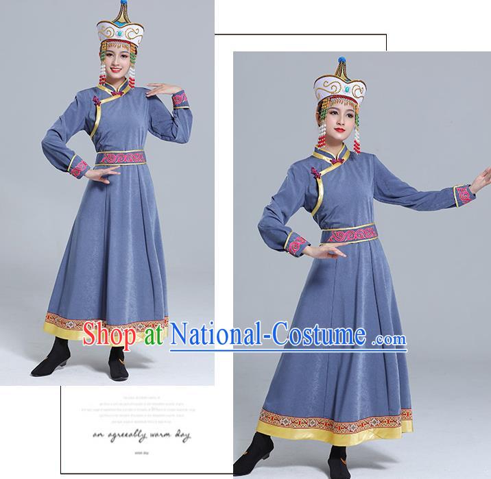 Traditional Chinese Mongol Minority Wedding Mongolian Robe Dance Apparels Mongolian Nationality Costume Ethnic Women Grey Dress Garment