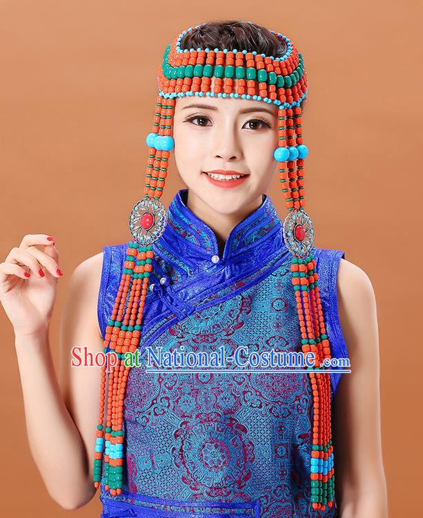 Traditional Chinese Mongol Minority Orange Beads Long Tassel Headband Mongolian Ethnic Women Dance Hair Clasp Hair Accessories