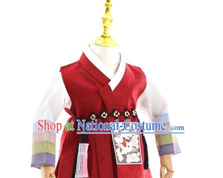 Asian Korea Traditional Embroidered Wine Red Shirt and Pants Children Birthday Fashion Korean Apparels Hanbok Costumes for Kids