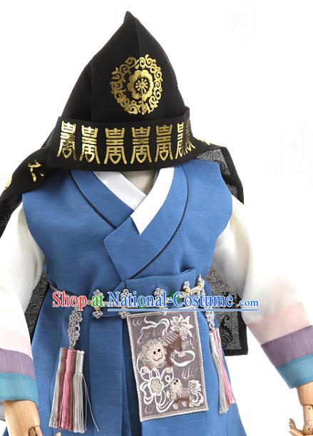 Asian Korea Traditional Embroidered Blue Shirt and Pants Children Birthday Fashion Korean Apparels Boys Hanbok Costumes for Kids