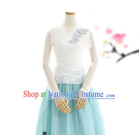 Korean Woman Traditional White Veil Blouse and Light Blue Skirt Korea Dance Fashion National Costumes Hanbok Apparels