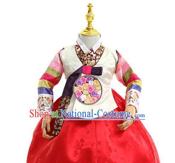 Asian Korea Traditional Embroidered White Brocade Blouse and Red Dress Children Birthday Fashion Korean Apparels Girls Hanbok Costumes