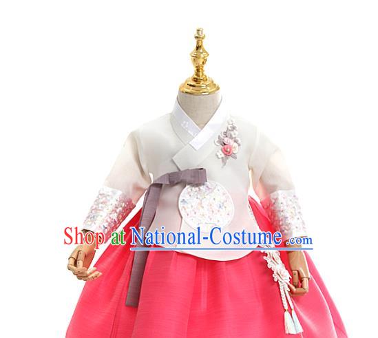 Asian Korea Traditional Embroidered White Blouse and Pink Dress Children Birthday Fashion Korean Apparels Girls Hanbok Costumes