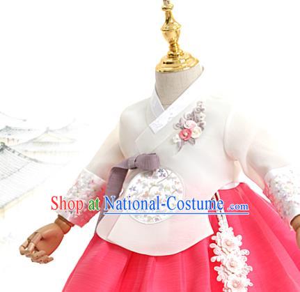 Asian Korea Traditional Embroidered White Blouse and Pink Dress Children Birthday Fashion Korean Apparels Girls Hanbok Costumes