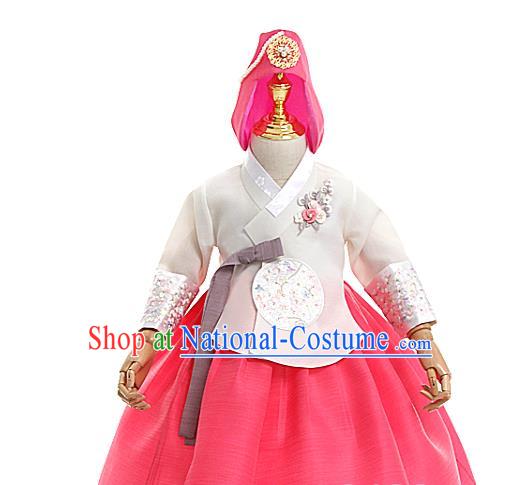 Asian Korea Traditional Embroidered White Blouse and Pink Dress Children Birthday Fashion Korean Apparels Girls Hanbok Costumes